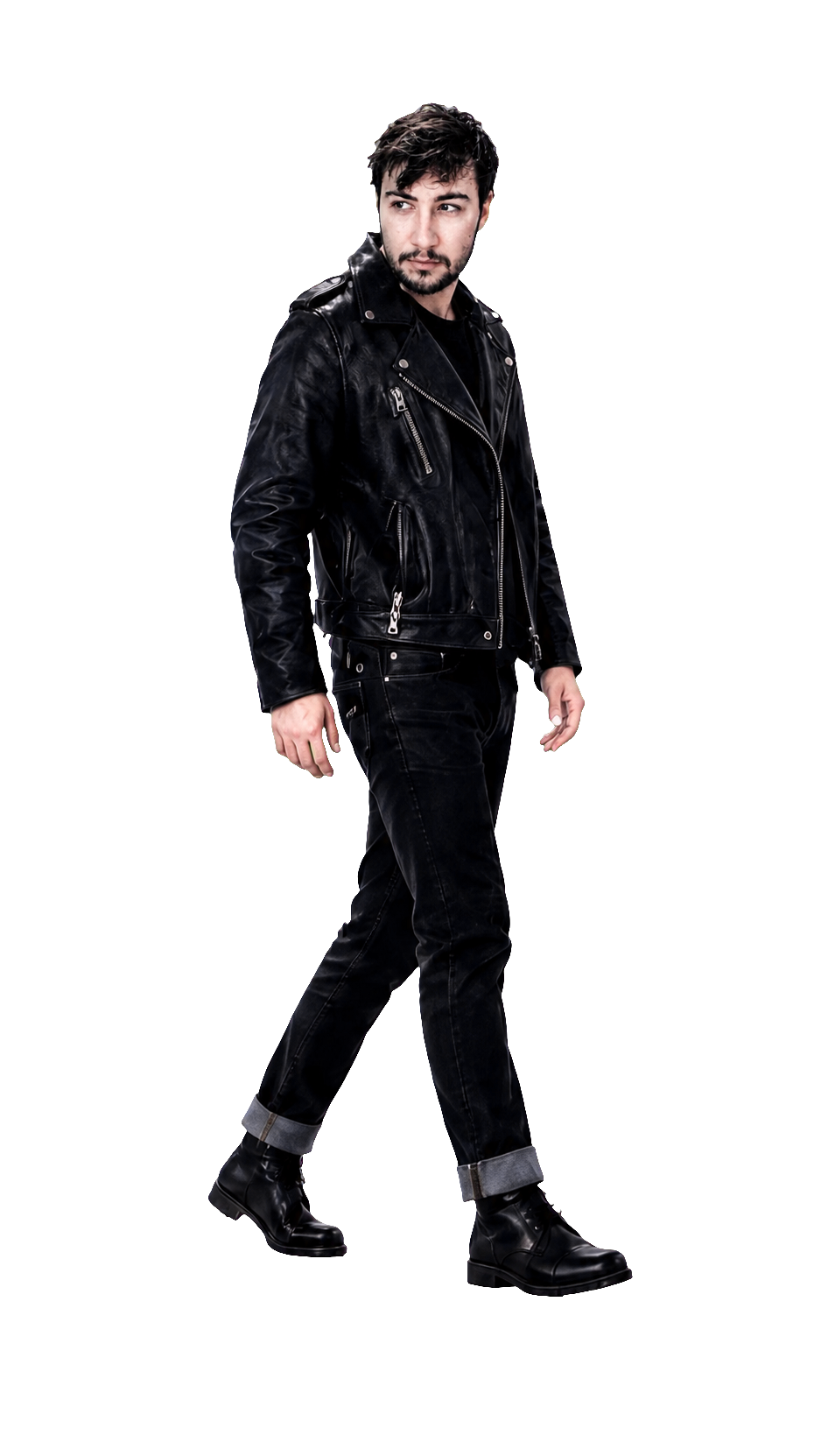 Archeteus wearing a black leather jacket and black selvedge jeans